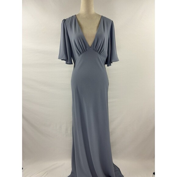 Jenny Yoo Bridesmaid Dress Maxi Pebbled Crepe Chambray Blue Grey 10 Sheer - Picture 10 of 10